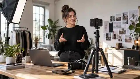 Content-Creatorin produziert ein originales Social-Media-Video im Studio