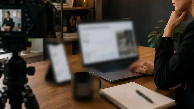 Social-Media-Strategin vergleicht Content-Performance an einem Arbeitsplatz mit Kamera und Laptop