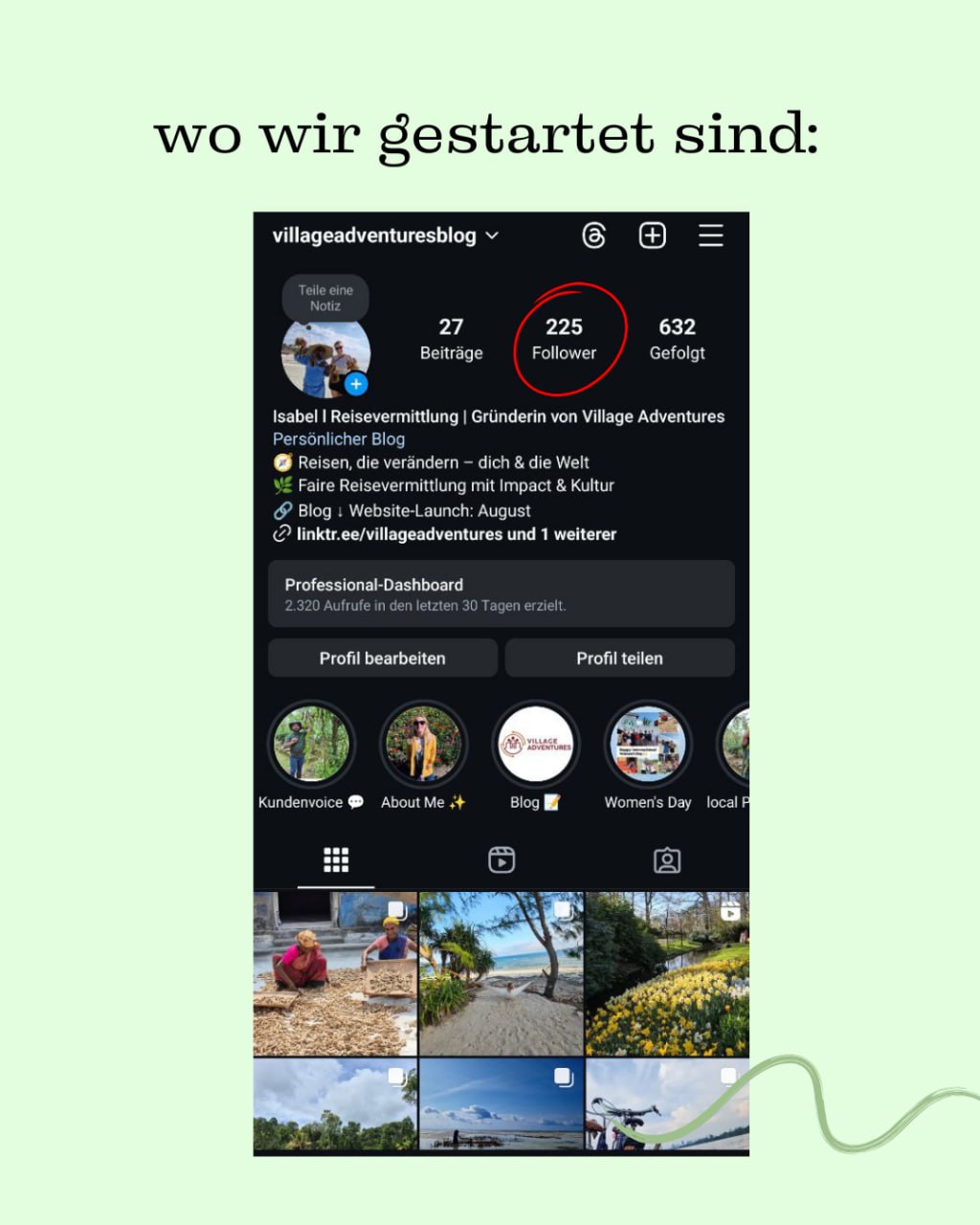 Village Adventures Instagram-Profil vor der Zusammenarbeit mit 225 Followern